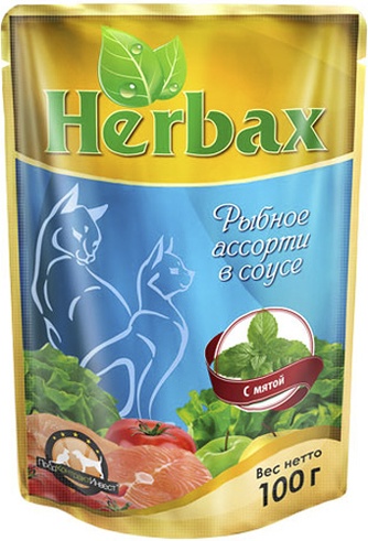 Корм влажный для кошек HERBAX 62105 рыбное ассорти, мята, в соусе (100 г)