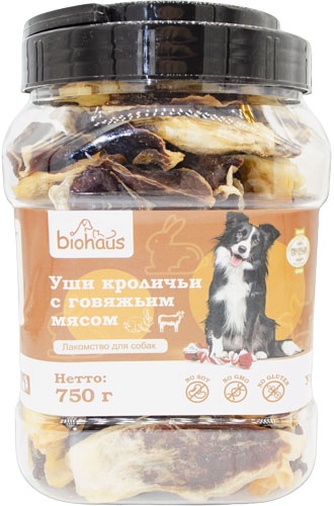 Лакомство для собак BIOHAUS уши кроличьи с говяжьим мясом (750 г)
