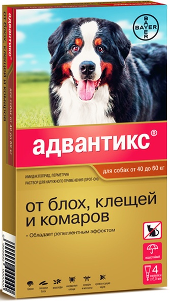Капли для собак 40-60кг BAYER Адвантикс от блох, клещей и комаров (6 мл/4 пипетки)