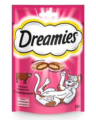 Лакомство для кошек DREAMIES Подушечки с говядиной лакомые (30 г)