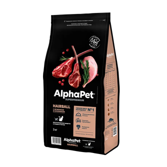 Корм сухой для кошек и котов ALPHAPET Superpremium для выведения шерсти с ягненком и кроликом (3 кг)