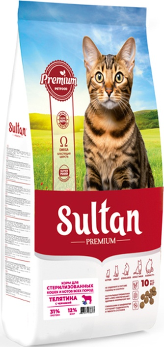 Корм сухой для стерилизованных кошек и котов SULTAN Premium с телятиной и черникой (10 кг)