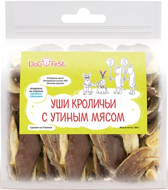 Лакомство для собак DOGFEST Уши кроличьи с утиным мясом(500 г)