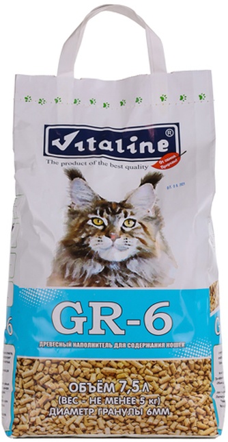 Наполнитель комкующийся древесный для кошек VITALINE GR-6 (7,5 л/5 кг)