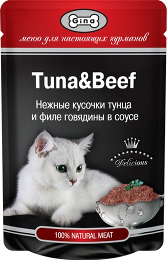 Корм влажный для кошек GINA 4607166421777 кусочки, тунец, филе говядины (80 г)