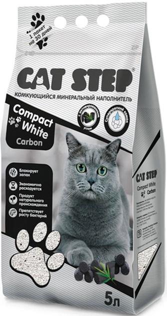 Наполнитель комкующийся бентонитовый для кошек CAT STEP Compact White Carbon (5 л)