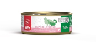 Корм влажный для кошек BLITZ Vetline Hypoallergenicl при пищевой аллергии, непереносимости и атопическом дерматите суфле с индейкой (100 г)