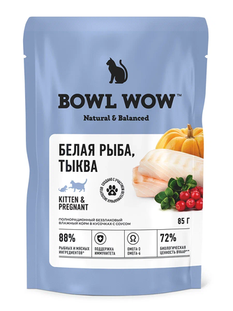 Корм влажный для котят и беременных кошек BOWL WOW Kitten & Pregnant кусочки с белой рыбой и тыквой в соусе (85 г)