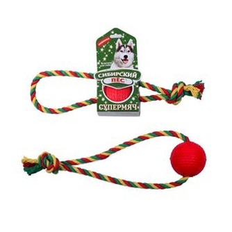 Игрушка для собак СИБИРСКИЙ ПЕС  Супермяч на веревке с кольцом, в ассортименте (6,5см)