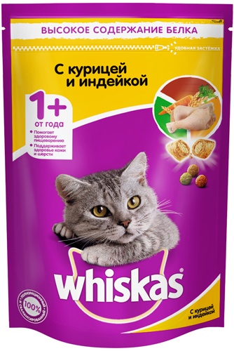 Корм сухой для взрослых кошек WHISKAS подушечки/паштет курица индейка (0,35 кг)