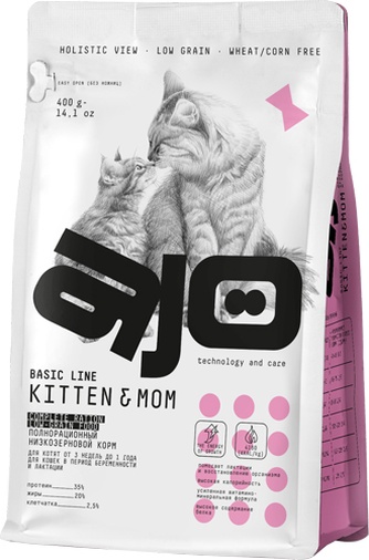 Корм сухой для котят, беременных и кормящих кошек AJO Kitten & Mom низкозерновой (400 г)