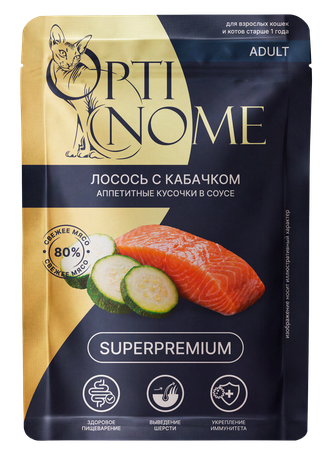 Корм влажный для кошек старше 1 года OPTINOME Super Premium лосось с кабачком в соусе (85 г)