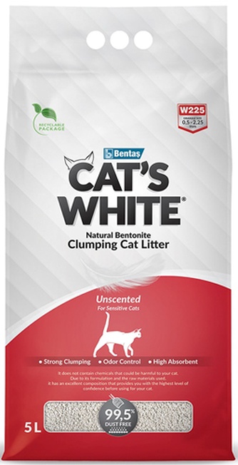 Наполнитель комкующийся бентонитовый для кошек CAT'S WHITE Natural без ароматизатора (5 л)