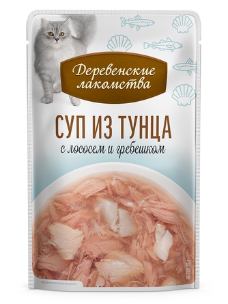 Лакомство для кошек ДЕРЕВЕНСКИЕ ЛАКОМСТВА Суп из тунца с лососем и гребешком (4 шт/35 г)