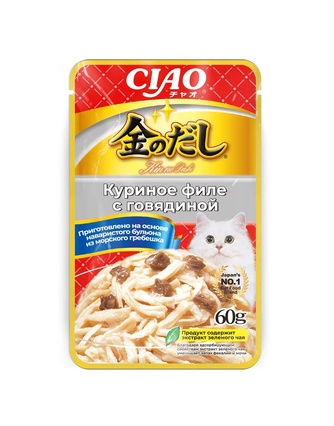 Корм влажный для кошек INABA CIAO Kinnodashi с куриным филе и говядиной в бульоне (60 г)