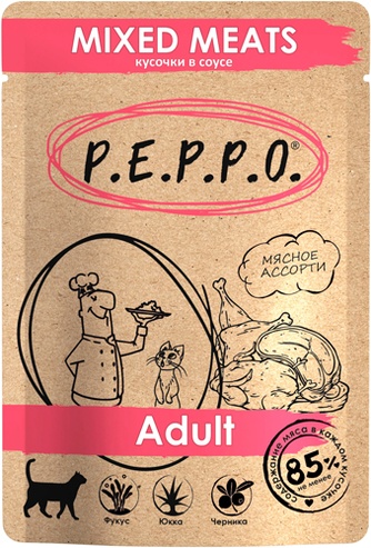 Корм влажный для кошек PEPPO Adult Mixed Meats Кусочки с мясным ассорти в соусе (85 г)