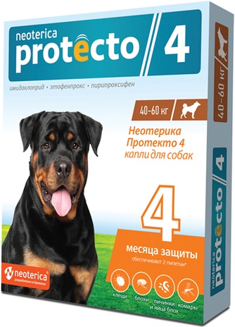 Капли для собак 40-60кг NEOTERICA Protecto на холку от блох и клещей (6 мл/2 пипетки)