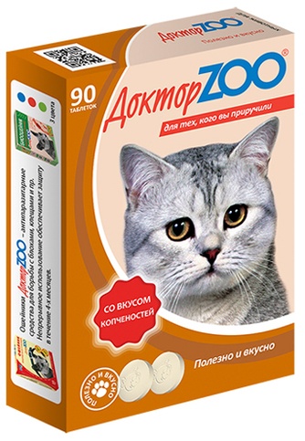 Кормовая добавка для кошек ДОКТОР ZOO Таблетки копчености (90 таб)