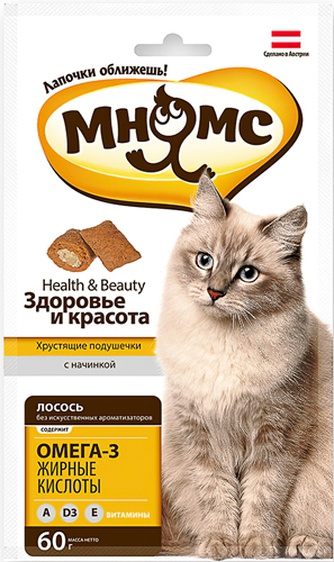 Лакомство для кошек МНЯМС Подушечки для Здоровья и красоты с Лососем Хрустящие (60 г)