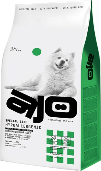 Корм сухой для взрослых собак средних и крупных пород AJO Hypoallergenic склонных к аллергии, с гречкой (12 кг)