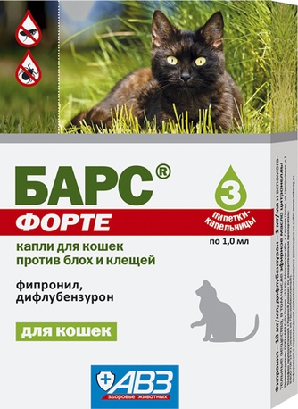 Капли инсектоакарицидные для кошек АВЗ Барс Форте на фипрониле (1 мл/3 пипетки)