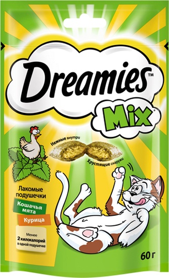 Лакомство для кошек DREAMIES Подушечки микс с курицей и мятой лакомые (60 г)