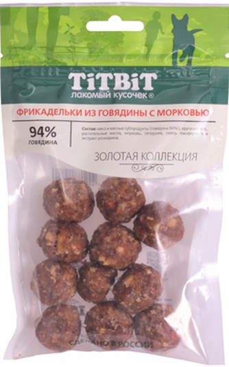 Лакомство для собак мелких пород TITBIT Лакомый кусочек Золотая коллекция Фрикадельки говядина с морковью (70 г)
