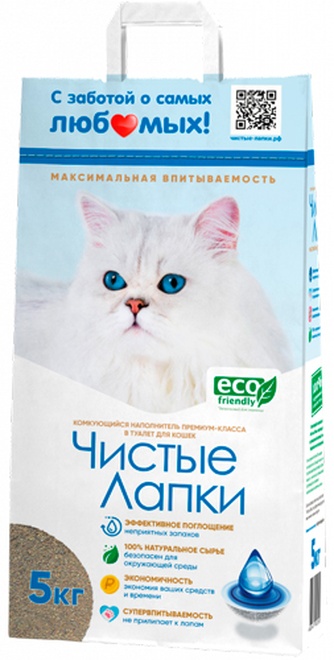 Наполнитель комкующийся бентонитовый для кошек ЧИСТЫЕ ЛАПКИ (5 кг)