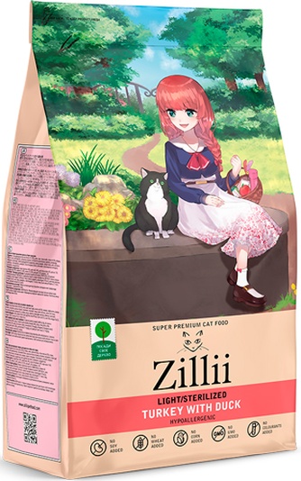 Корм сухой для взрослых стерилизованных кошек и кастрированных котов ZILLI Light/Sterilized Cat с индейкой и уткой (2 кг)