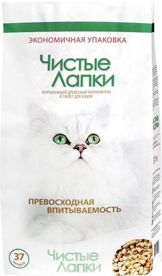Наполнитель впитывающий древесный для кошек ЧИСТЫЕ ЛАПКИ (37 л/13,5 кг)