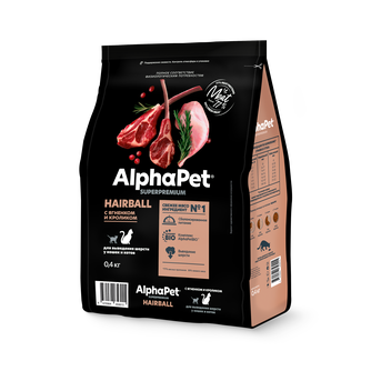Корм сухой для кошек и котов ALPHAPET Superpremium Hairball для выведения шерсти с ягненком и кроликом (400 г)