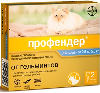 Капли для кошек 2,5-5кг BAYER Профендер антигельминтные на холку (0,7 мл/2 пипетки)