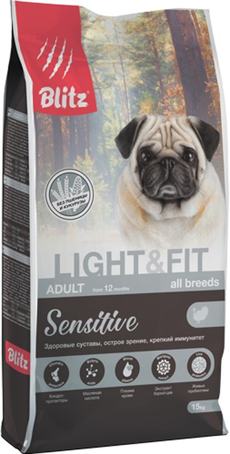 Корм сухой для собак BLITZ Sensitive Light & Fit с лишним весом с индейкой (15 кг)