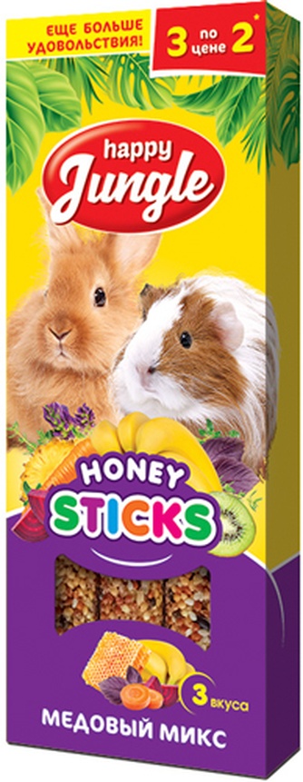 Лакомство для крупных грызунов HAPPY JUNGLE Honey Sticks Палочки микс 3 вкуса (3 шт)