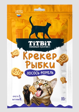 Лакомство для кошек TITBIT лакомый кусочек крекер с лососем и форелью рыбки (80 г)