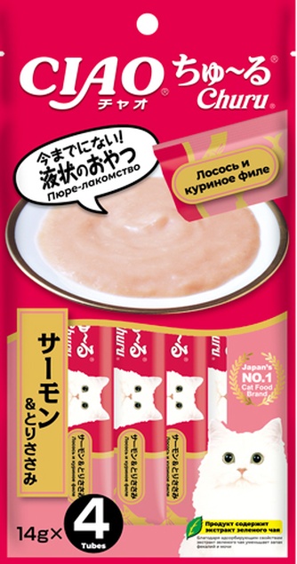 Лакомство для кошек INABA ciao churu с лососем и куриным филе (4 шт/14 г)