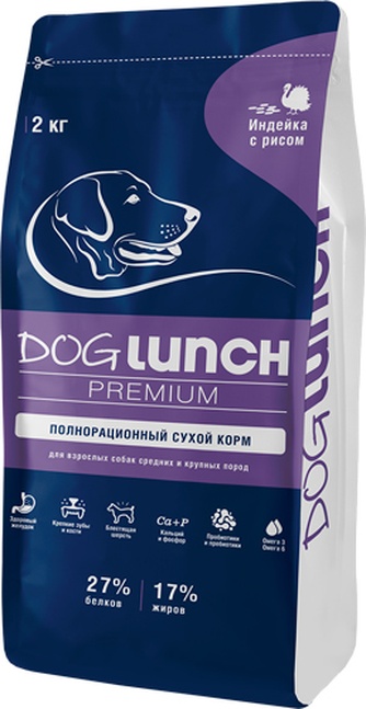 Корм сухой для собак средних и крупных пород DOG LUNCH Premium, Индейка, рис (2 кг)