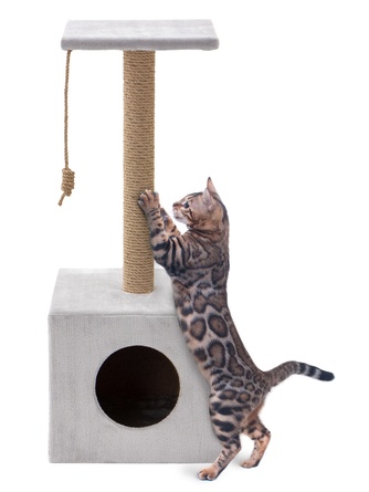 Когтеточка-столбик для кошек RICH BREED куб с площадкой, джут, светло-серый (35*35*85 см)