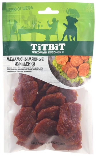 Лакомство для собак мелких пород TITBIT Лакомый кусочек Меню от шефа Медальоны индейка (80 г)