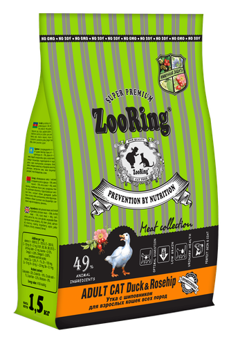 Корм сухой для взрослых кошек ZOORING Adult Cat Duck & Rosehip утка и шиповник (1,5 кг)