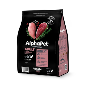 Корм сухой для взрослых кошек и котов ALPHAPET Superpremium с уткой и цыпленком (7 кг)