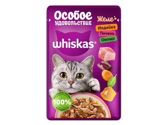 Корм влажный для взрослых кошек WHISKAS Особое удовольствие желе с индейкой, печенью и овощами (75 г)