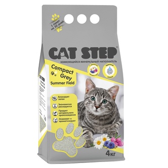 Наполнитель комкующийся бентонитовый для кошек CAT STEP compact grey summer field с луговыми травами (4 кг)