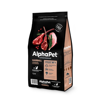 Корм сухой для кошек и котов ALPHAPET Superpremium для выведения шерсти с ягненком и кроликом (1,5 кг)