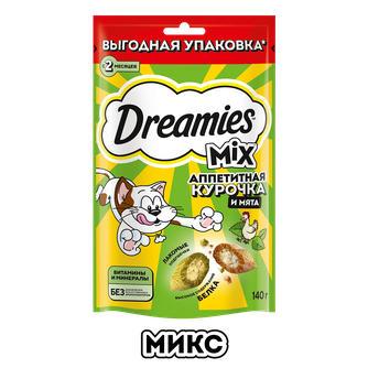 Лакомство для кошек DREAMIES подушечки микс с курицей и кошачьей мятой (140 г)