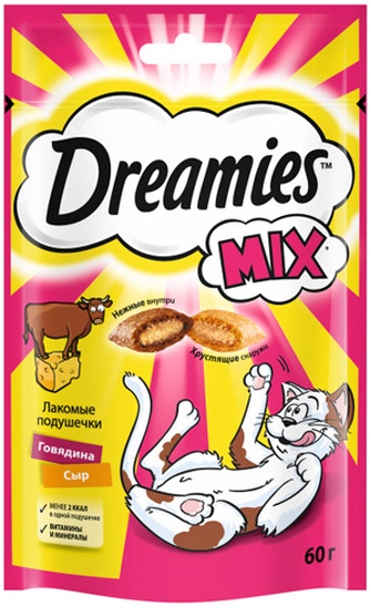 Лакомство для кошек DREAMIES Подушечки микс с говядиной и сыром лакомые (60 г)