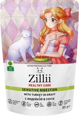 Корм влажный для взрослых кошек с чувствительным пищеварением ZILLII Healthy care Sensitive Digestion с индейкой в соусе (85 г)