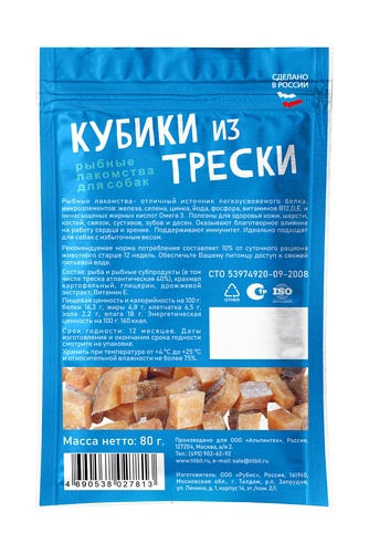 Лакомство для собак TITBIT Рыбные лакомства Кубики из трески (80 г)