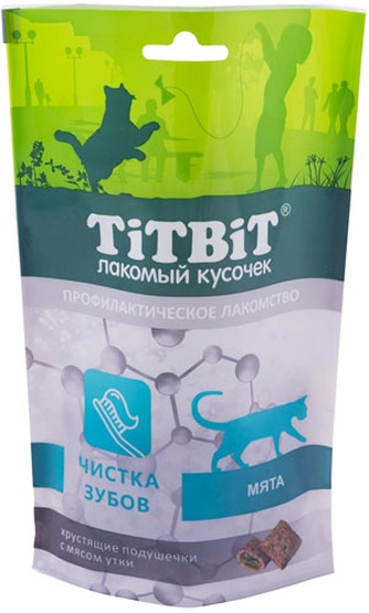 Лакомство для кошек TITBIT Лакомый кусочек Подушечки для чистки зубов утка мята (60 г)