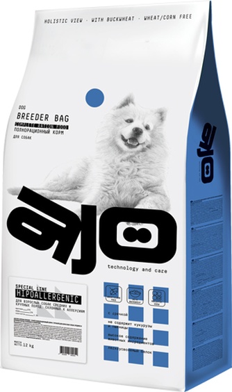 Корм сухой для взрослых собак средних и крупных пород AJO Hypoallergenic Breeder склонных к аллергии, с гречкой (12 кг)